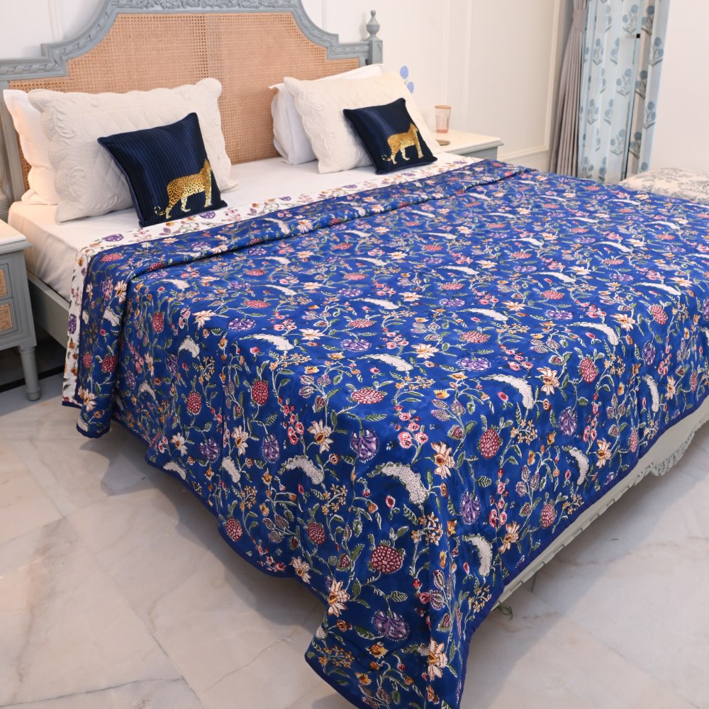 Blue Floral Handblock Printed Cotton Bedcover