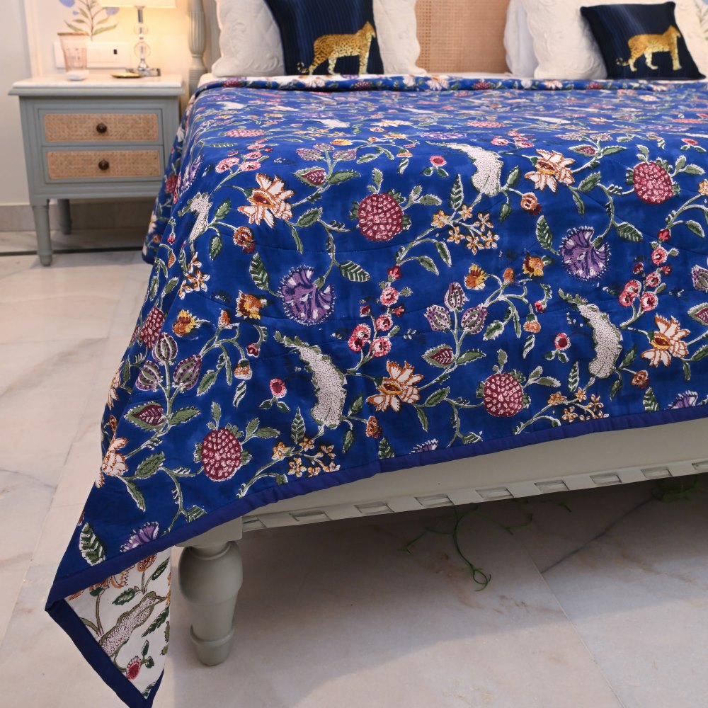 Blue Floral Handblock Printed Cotton Bedcover
