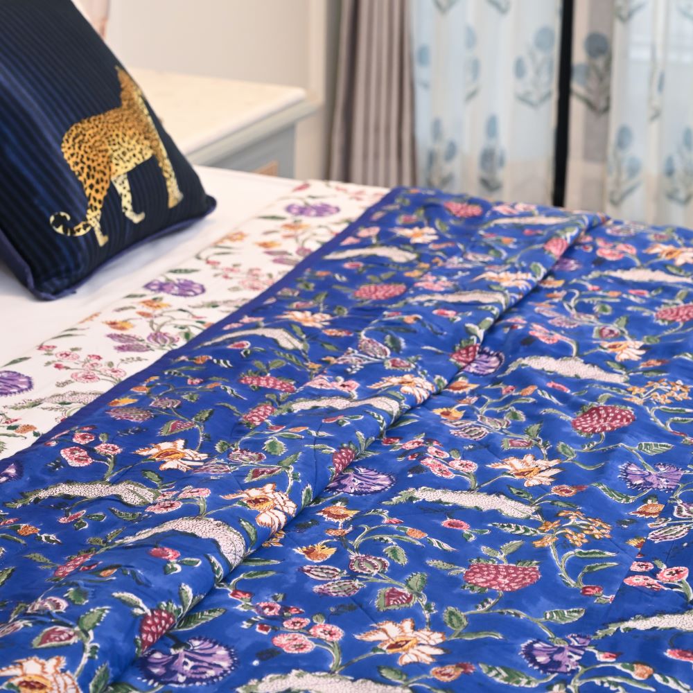 Blue Floral Handblock Printed Cotton Bedcover