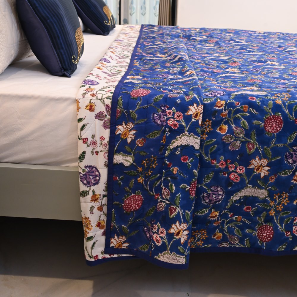 Blue Floral Handblock Printed Cotton Bedcover