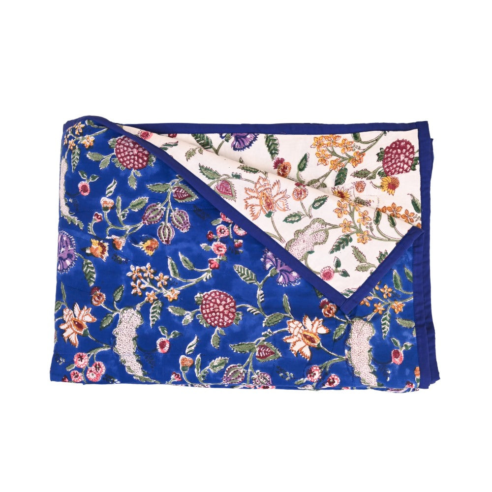 Blue Floral Handblock Printed Cotton Bedcover