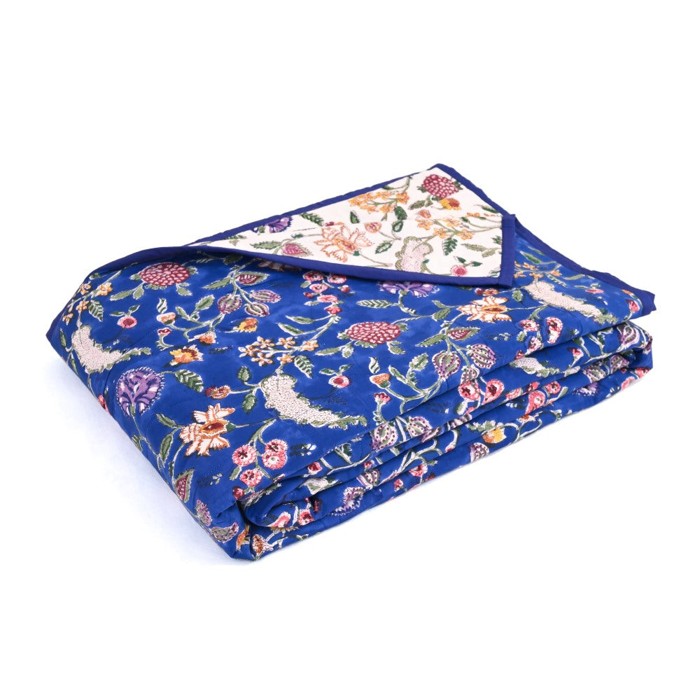Blue Floral Handblock Printed Cotton Bedcover