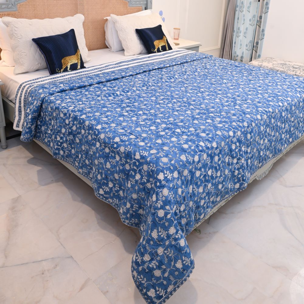 Blue Floral Handblock Printed Cotton Quilted Bedcover