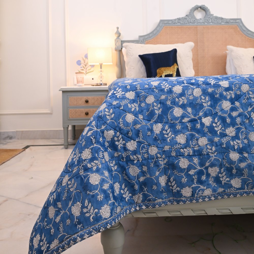 Blue Floral Handblock Printed Cotton Quilted Bedcover