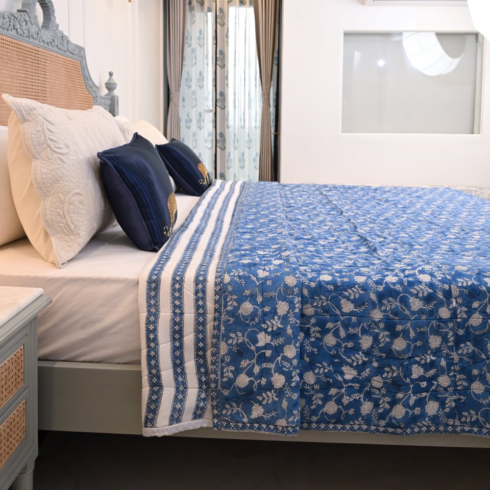 Blue Floral Handblock Printed Cotton Quilted Bedcover
