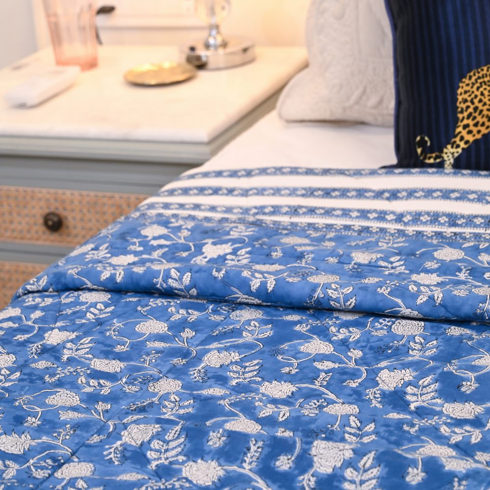 Blue Floral Handblock Printed Cotton Quilted Bedcover