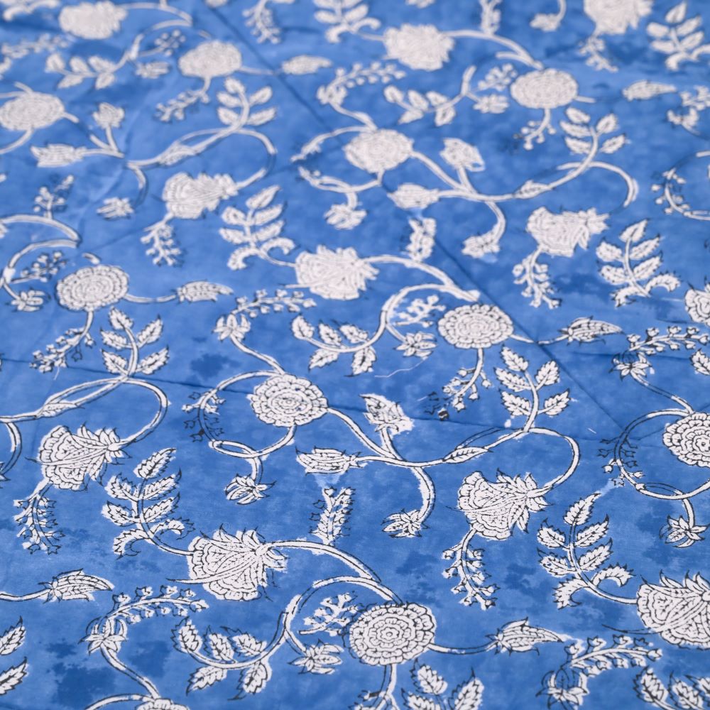 Blue Floral Handblock Printed Cotton Quilted Bedcover