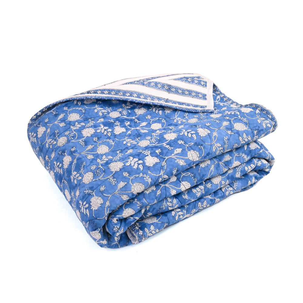 Blue Floral Handblock Printed Cotton Quilted Bedcover