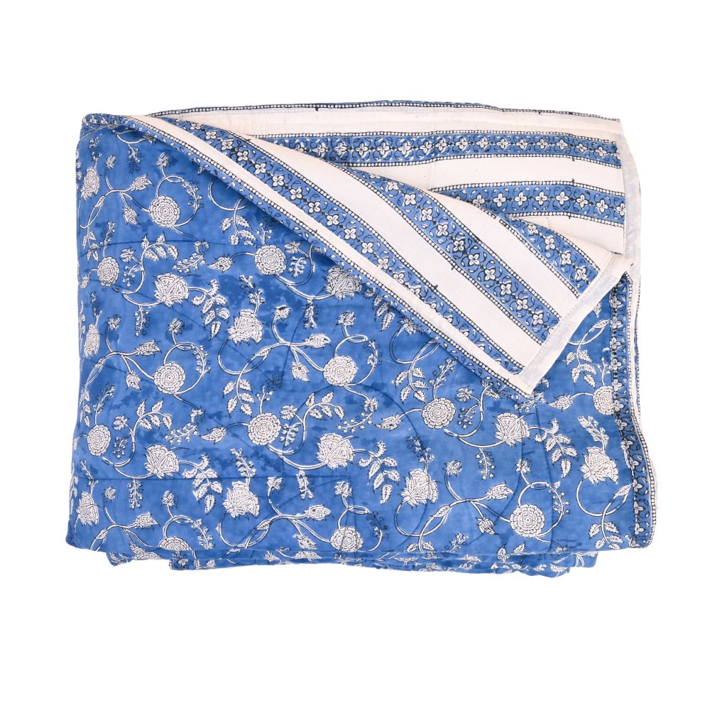 Blue Floral Handblock Printed Cotton Quilted Bedcover