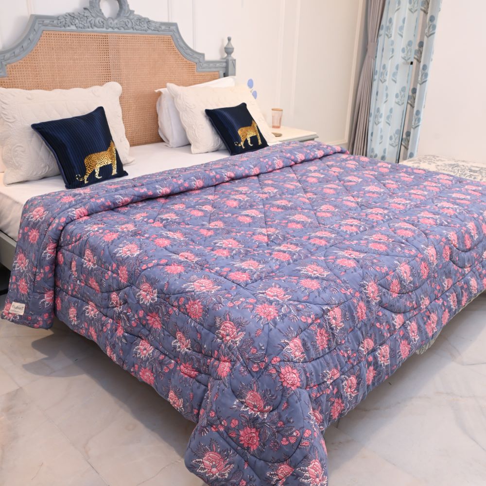 Blue Floral Handblock Printed Quilt