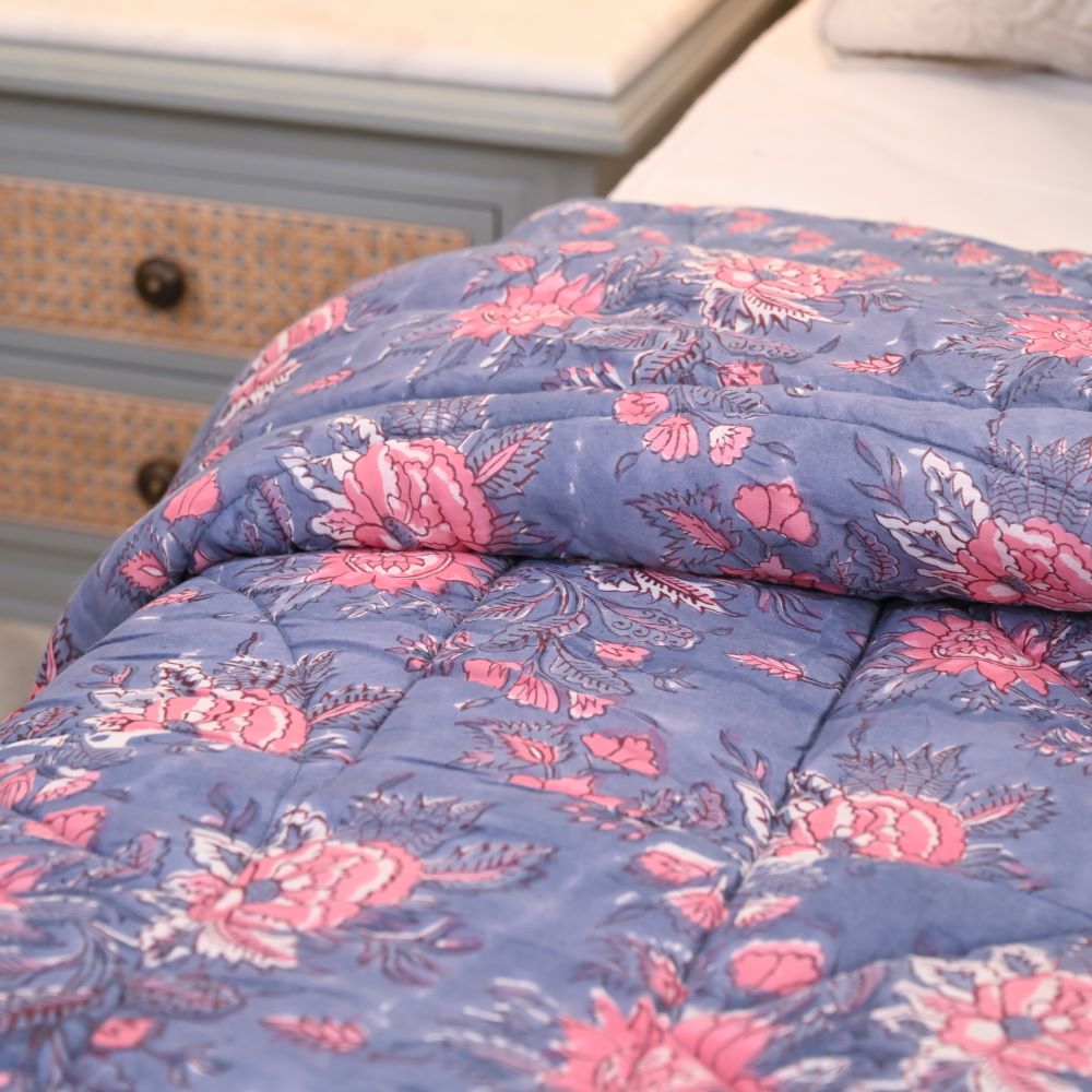 Blue Floral Handblock Printed Quilt