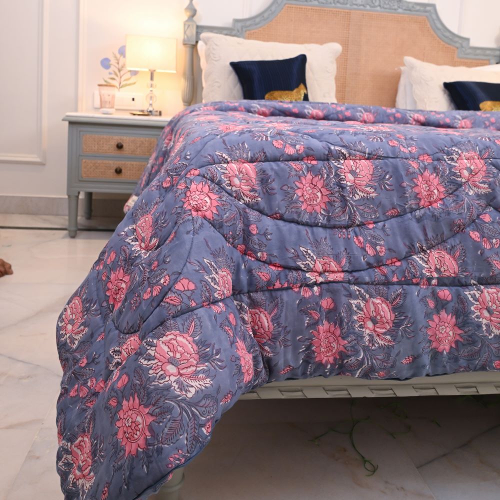 Blue Floral Handblock Printed Quilt
