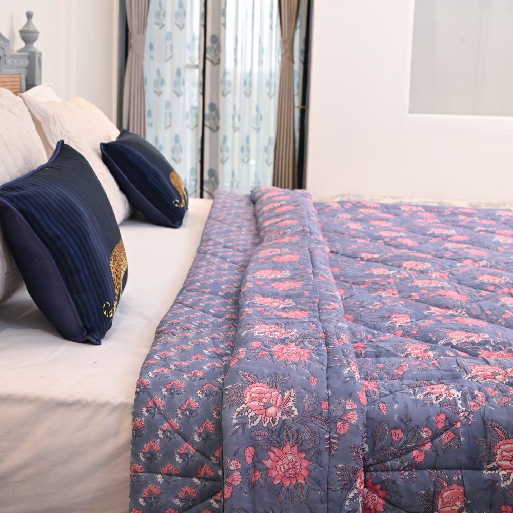 Blue Floral Handblock Printed Quilt