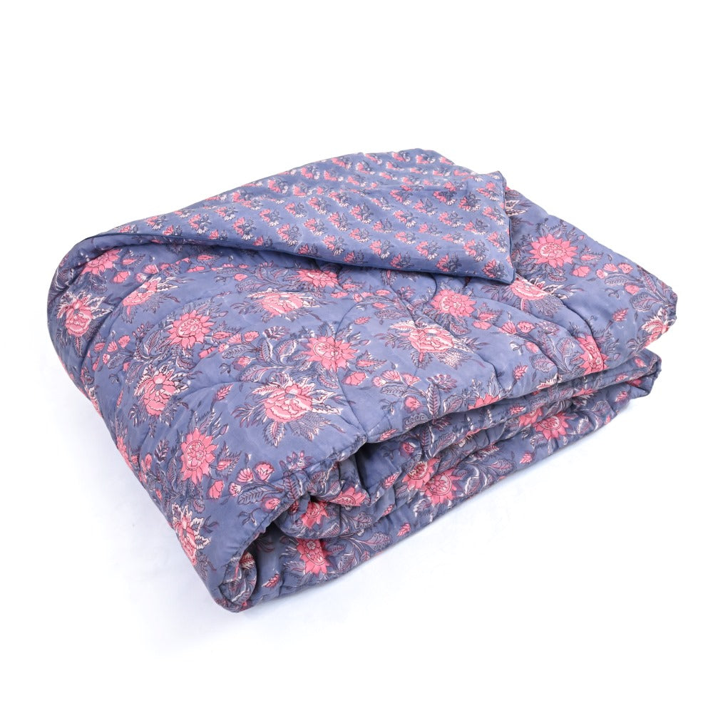 Blue Floral Handblock Printed Quilt