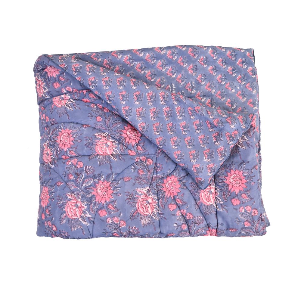 Blue Floral Handblock Printed Quilt