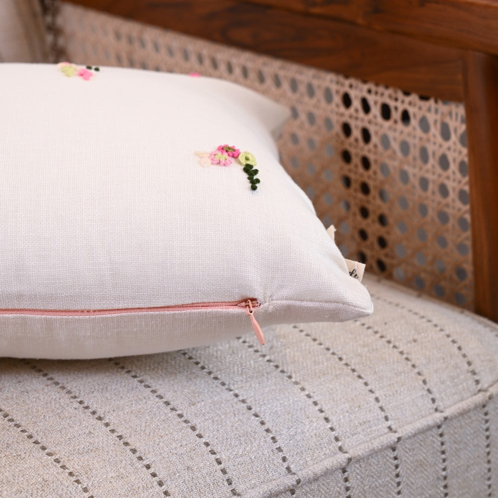 White Floral Hand Embroidered Cushion Cover