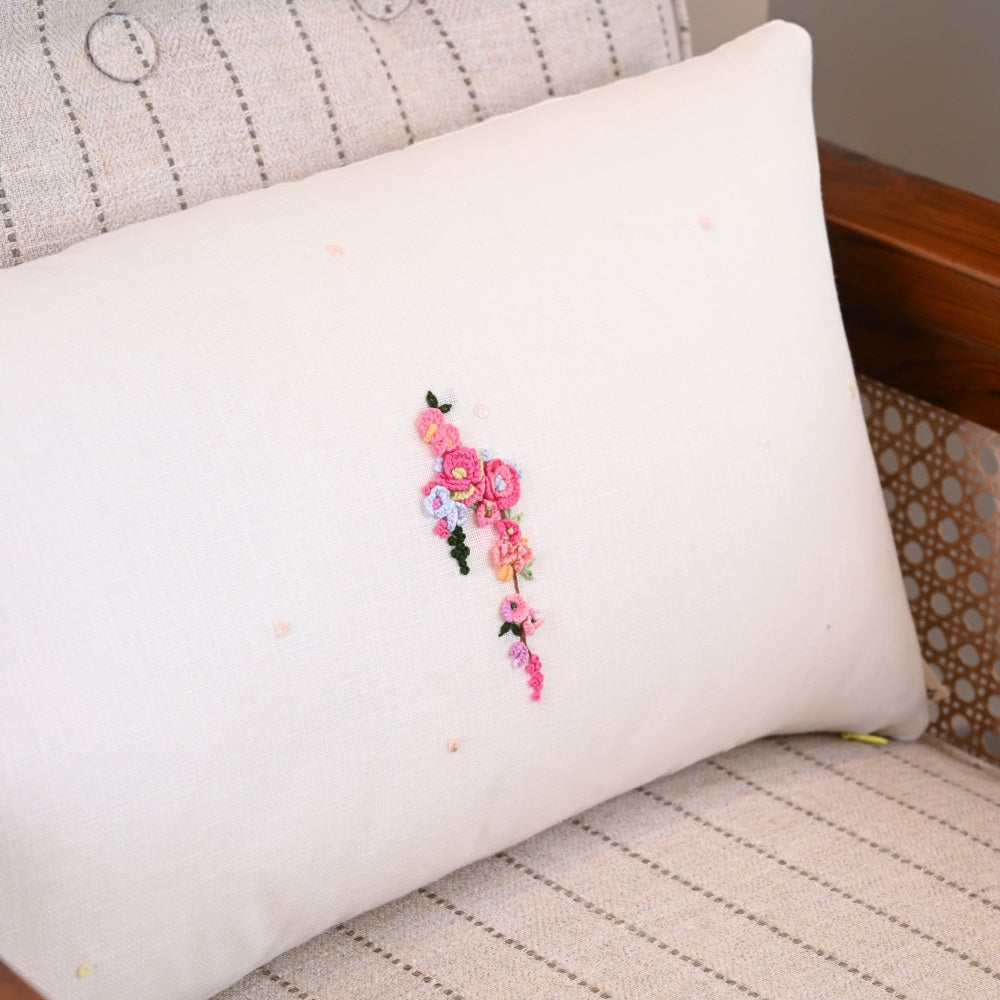 White Hand Embroidered Floral Cushion Cover