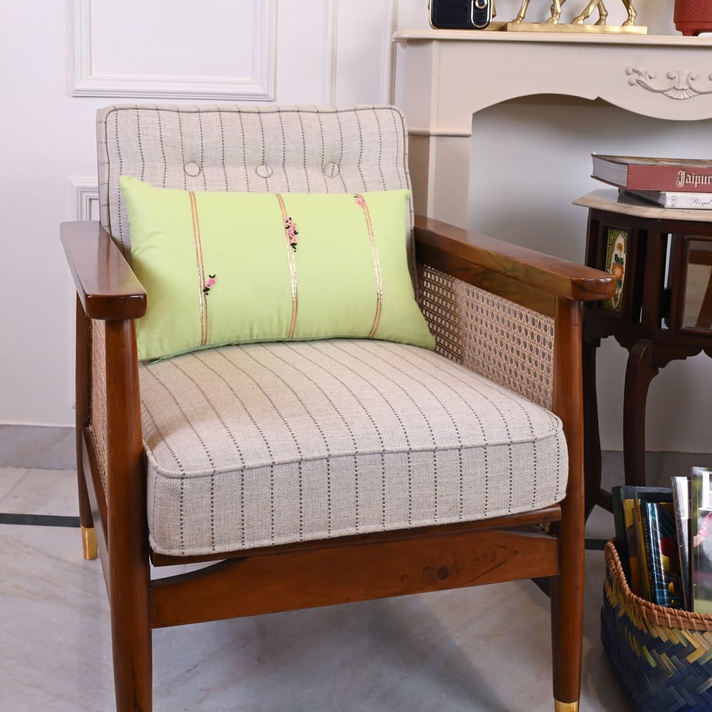 Light Green Cotton Hand Embroidered Cushion Cover