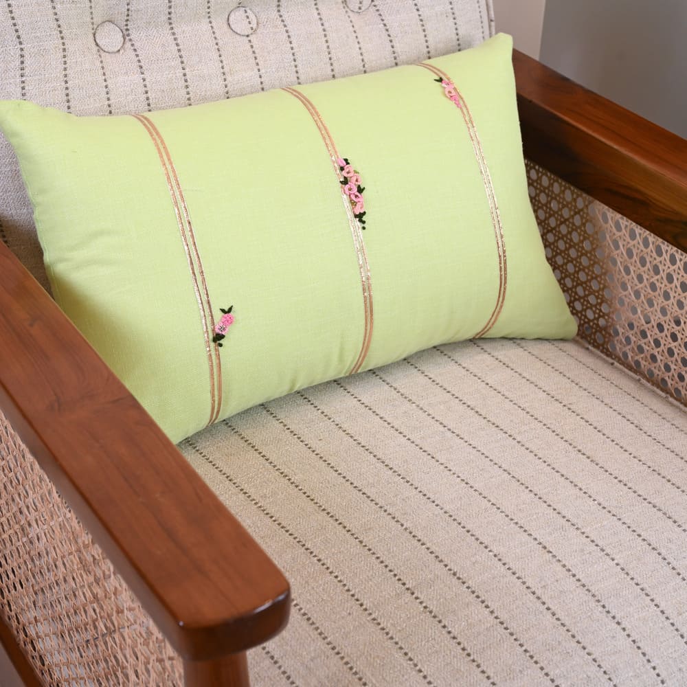 Light Green Cotton Hand Embroidered Cushion Cover