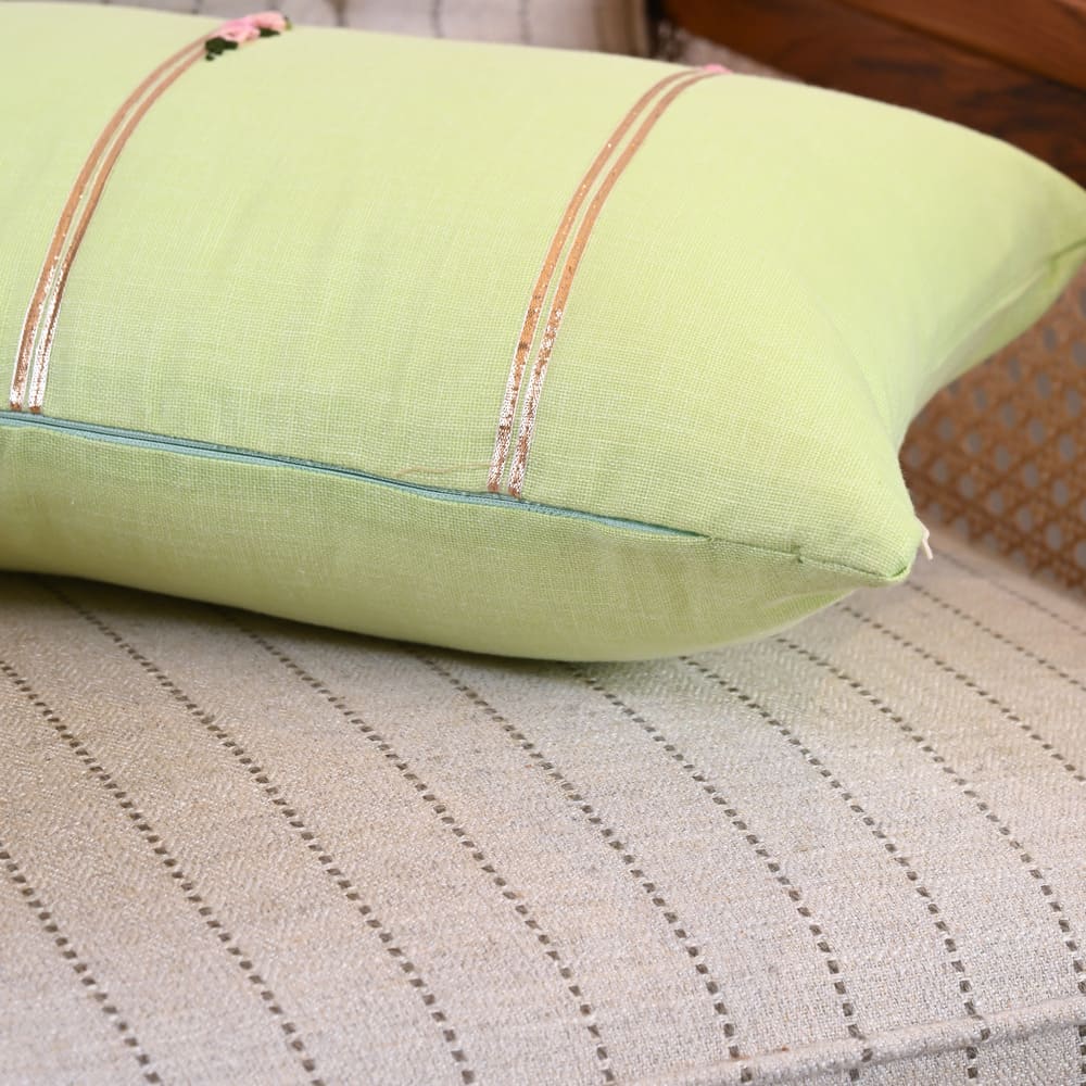 Light Green Cotton Hand Embroidered Cushion Cover