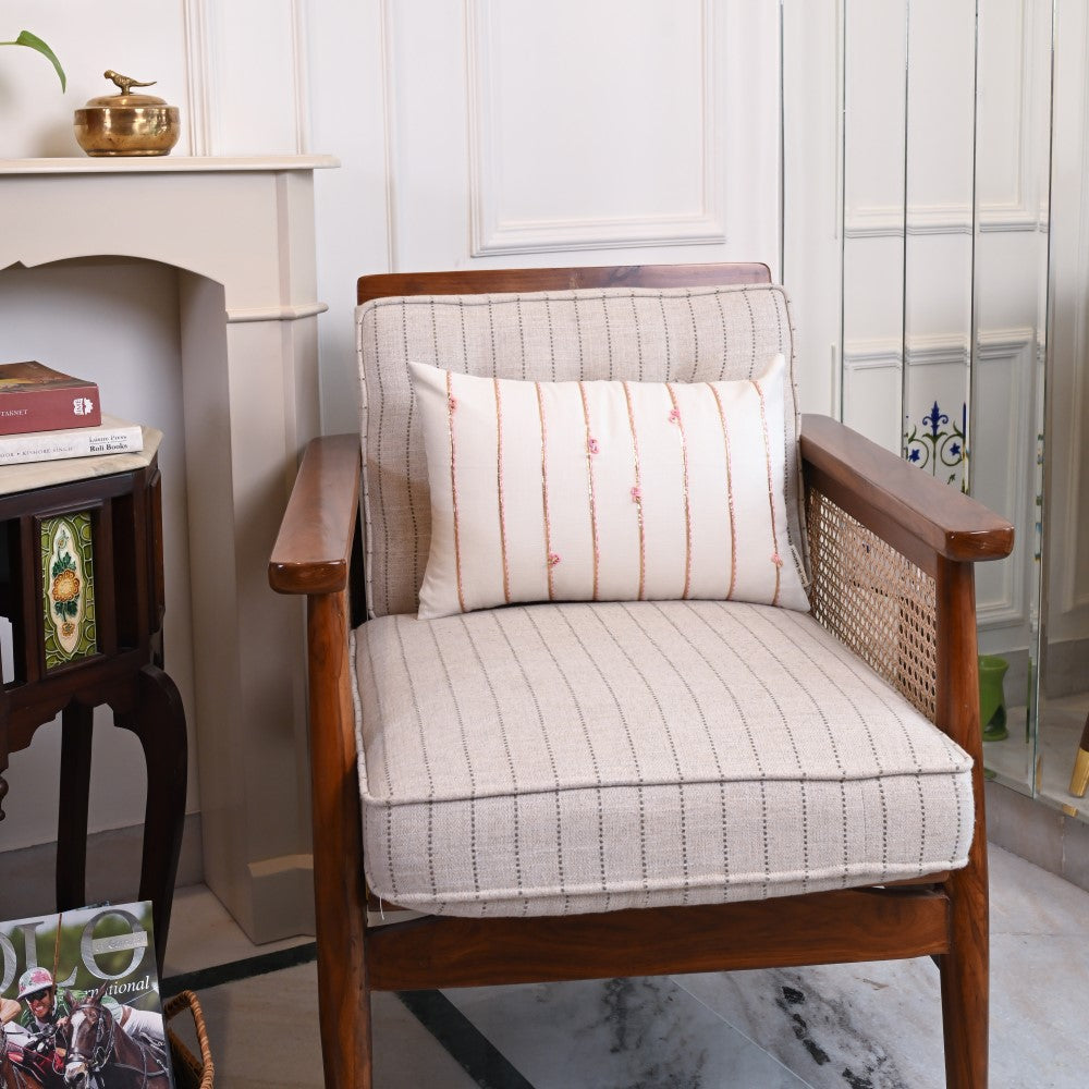 Ivory Gota Stripes Hand Embroidered Cushion Cover