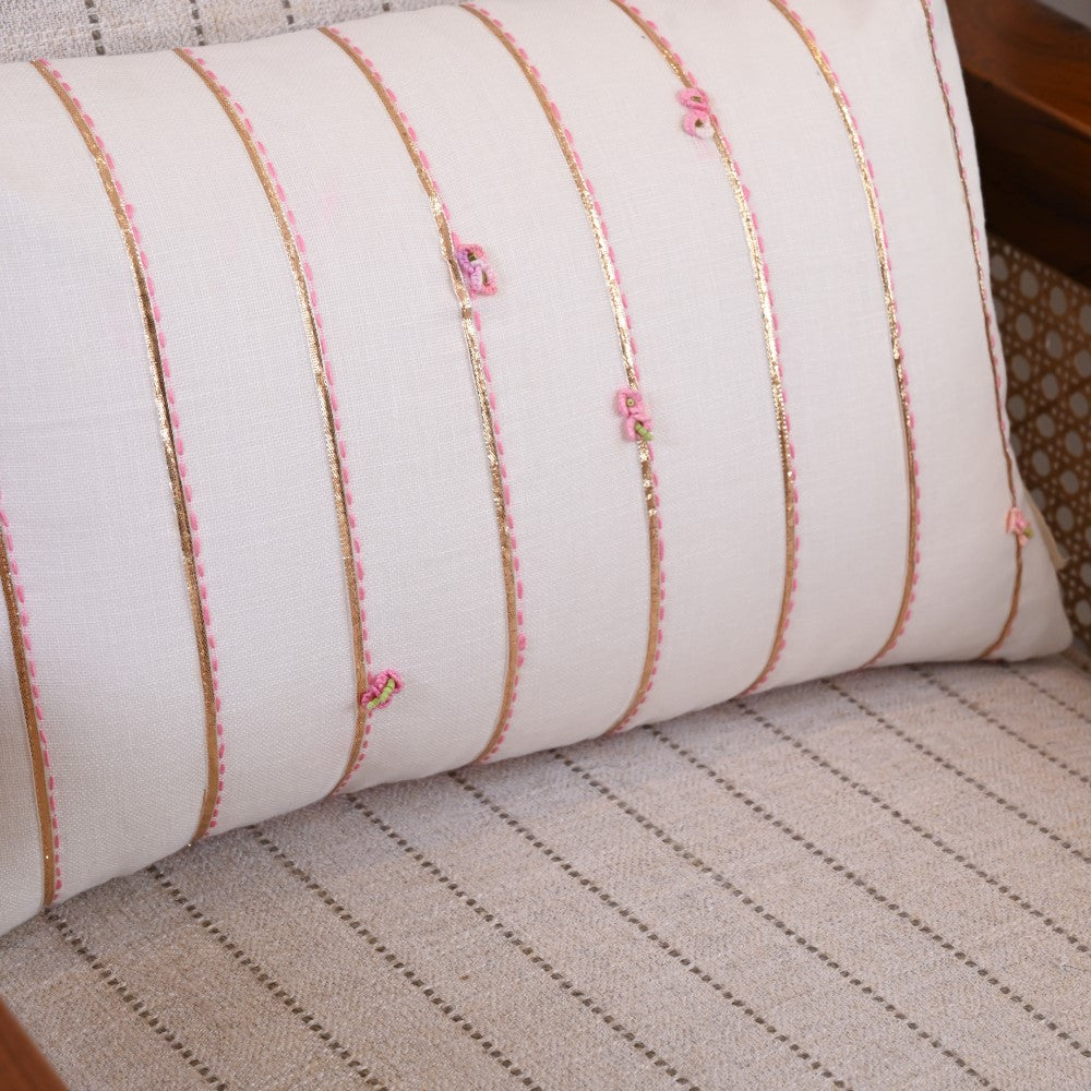 Ivory Gota Stripes Hand Embroidered Cushion Cover