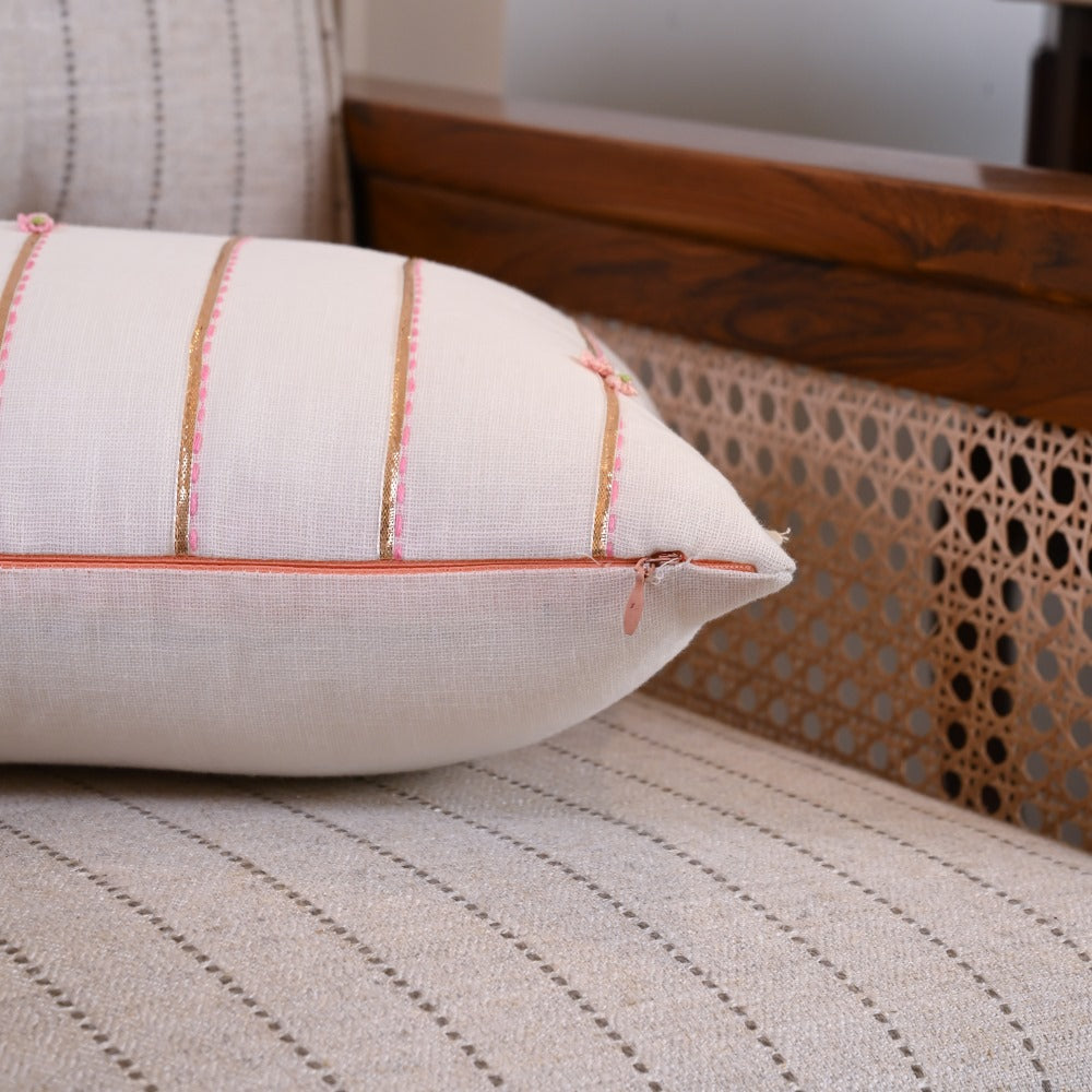 Ivory Gota Stripes Hand Embroidered Cushion Cover