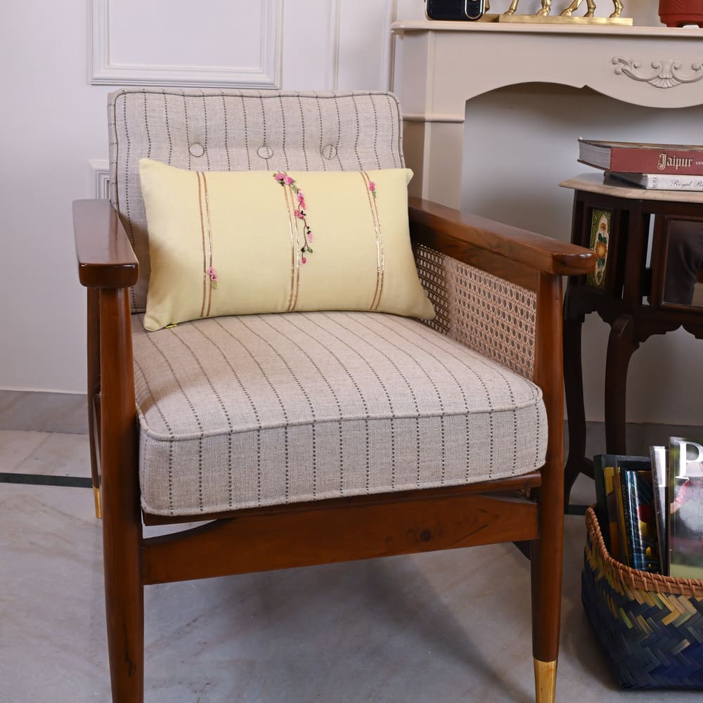 Hand Embroidered Yellow Cushion with Floral Detailing
