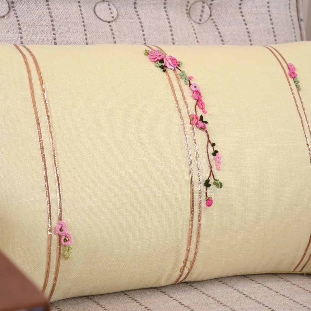 Hand Embroidered Yellow Cushion with Floral Detailing