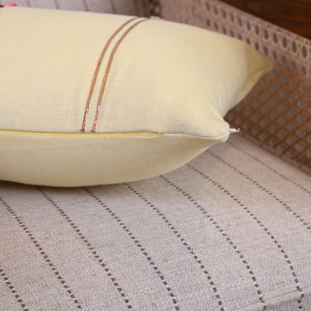 Hand Embroidered Yellow Cushion with Floral Detailing