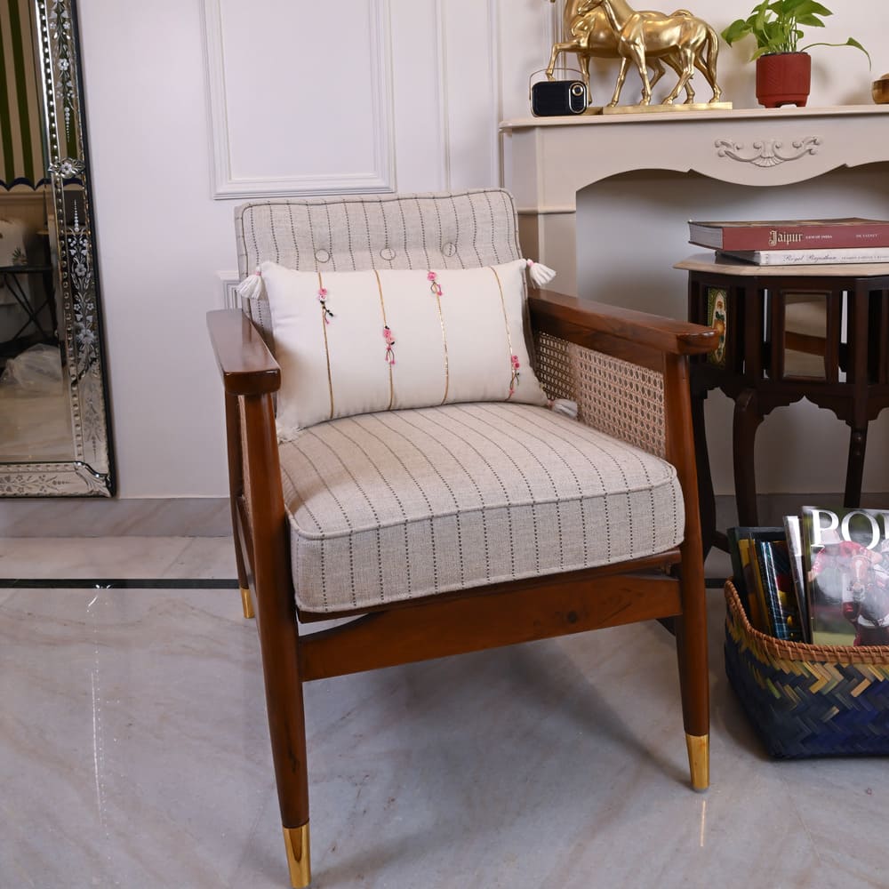 Hand Embroidered White Cushion with Floral Detailing and Tassels