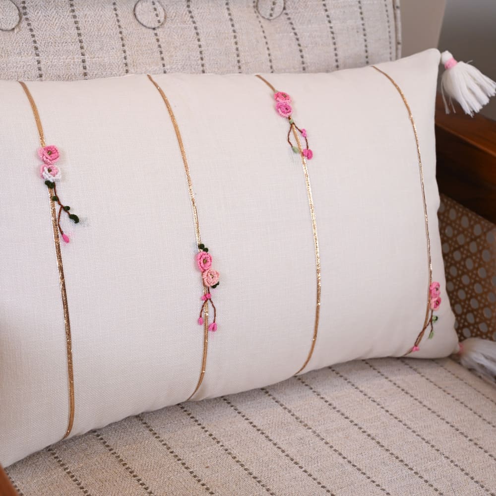 Hand Embroidered White Cushion with Floral Detailing and Tassels