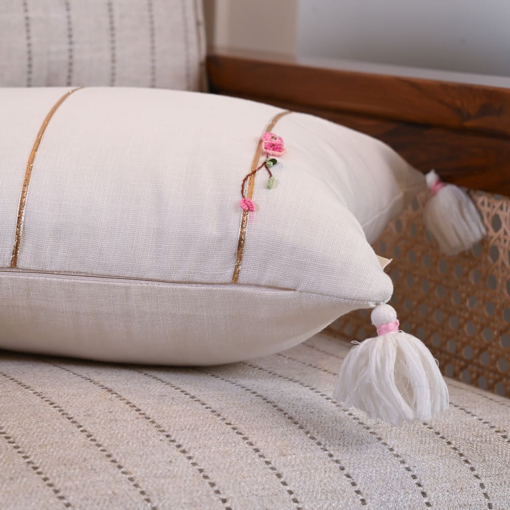 Hand Embroidered White Cushion with Floral Detailing and Tassels