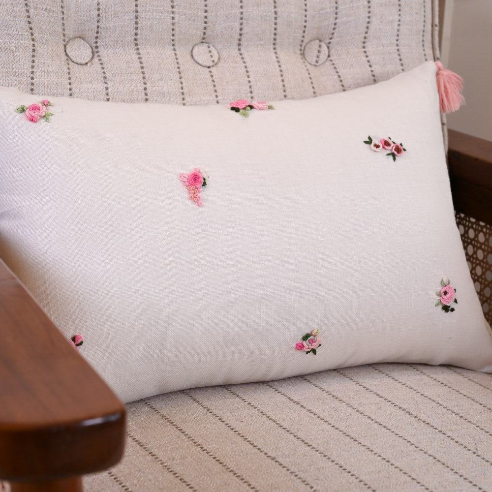 Floral Hand Embroidered Cushion Cover With Tassels
