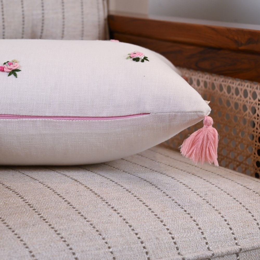 Floral Hand Embroidered Cushion Cover With Tassels