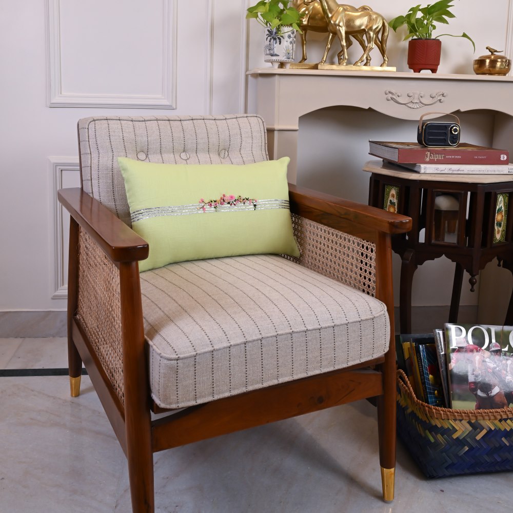 Green Hand Embroidered Floral Cushion Cover