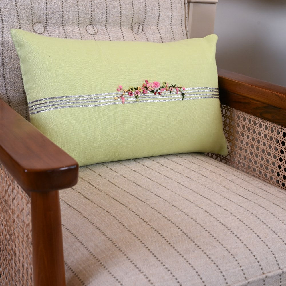 Green Hand Embroidered Floral Cushion Cover