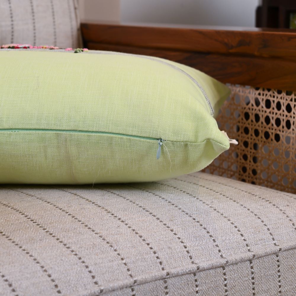 Green Hand Embroidered Floral Cushion Cover