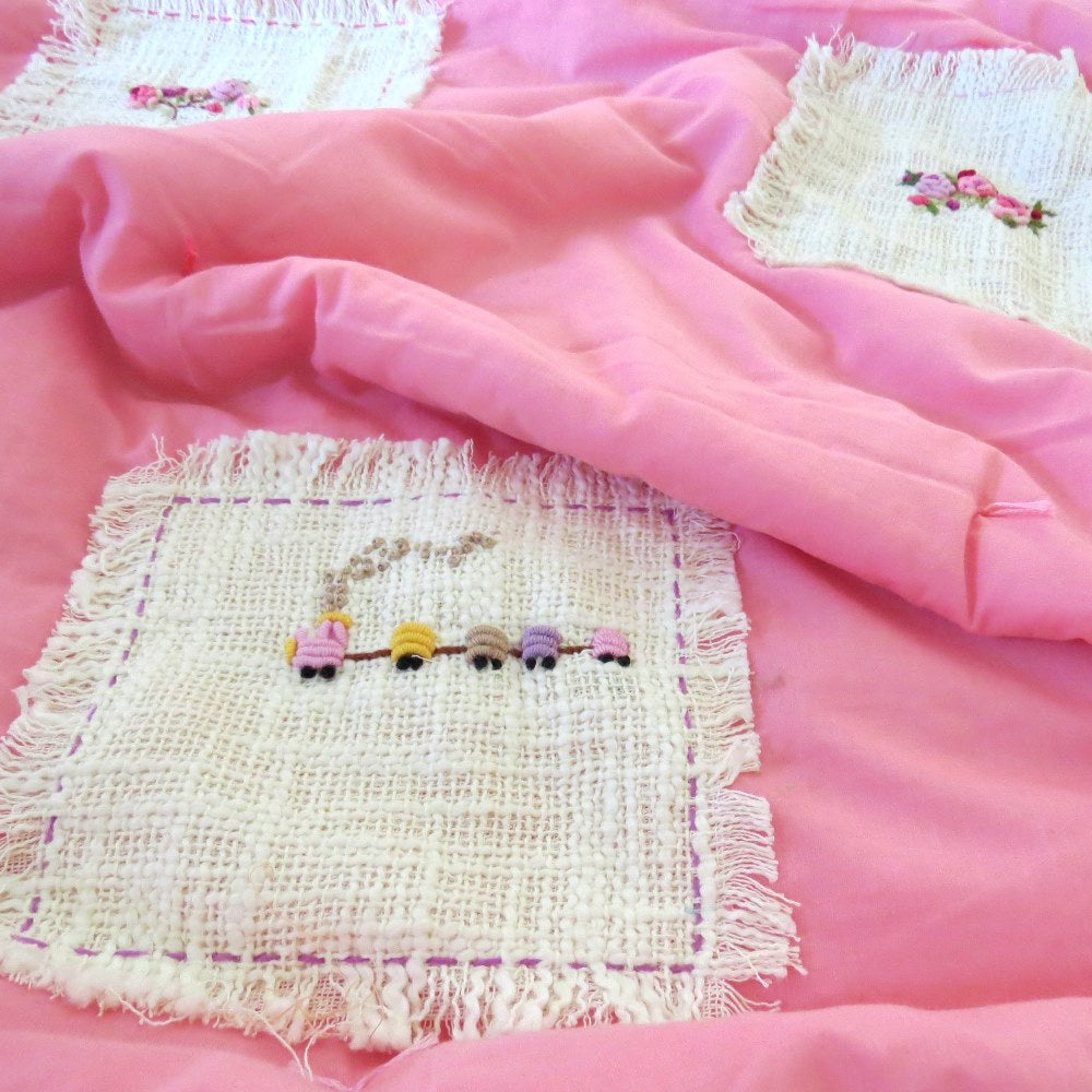 Pink Hand Embroidered Baby Quilt